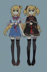 Rule 34 | 2girls, akai haato, akai haato (gothic lolita), aqua eyes, blonde hair, boots, bow, bowtie, cameo, dark, dress, dual persona, empty eyes, expressionless, frilled dress, frills, gothic lolita, grey background, haaton (akai haato), hair bow, hair ornament, hair ribbon, hairclip, heart, heart hair ornament, highres, himuhino, holding hands, hololive, jewelry, lolita fashion, long hair, looking at viewer, multiple girls, ribbon, siblings, simple background, sisters, smile, string, string of fate, thigh strap, thighhighs, virtual youtuber, zettai ryouiki