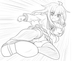 Rule 34 | 1girl, ahoge, bow, bow panties, cameltoe, commentary request, fang, fighting stance, flying kick, greyscale, hair ears, ikazuchi (kancolle), kantai collection, kicking, long hair, long sleeves, monochrome, neckerchief, open mouth, outstretched arm, panties, pantyshot, pleated skirt, school uniform, serafuku, sketch, skin fang, skirt, soles, solo, speed lines, tamayan, thighhighs, underwear, upskirt, zettai ryouiki