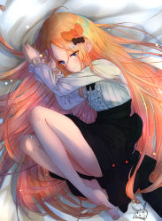 Rule 34 | 1girl, abigail williams (fate), barefoot, black bow, black bowtie, black skirt, blonde hair, blue eyes, blush, bow, bowtie, breasts, center frills, dress shirt, fate/grand order, fate (series), forehead, frills, hair bow, highres, legs, long hair, long sleeves, looking at viewer, lying, multiple hair bows, on side, orange bow, parted bangs, purple (jobseeking), shirt, skirt, small breasts, smile, solo, white shirt