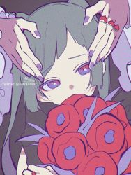 Rule 34 | bouquet, commentary request, copyright request, diagonal bangs, flower, grey hair, hatsune miku, head tilt, heart, highres, jewelry, long hair, nail polish, out of frame, purple eyes, purple nails, red flower, ring, signature, sofra, solo focus, twitter username, upper body