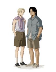 Rule 34 | 2boys, absurdres, bad id, bad twitter id, black footwear, black hair, blonde hair, blue jacket, body hair, breast pocket, brown shorts, casual, closed mouth, collared jacket, dudles, expressionless, full body, hands in pockets, highres, jacket, johan liebert, knees, legs, lips, looking at viewer, male focus, monster (manga), multiple boys, nose, parted bangs, pocket, purple scarf, scarf, shirt, shirt tucked in, short hair, shorts, simple background, sleeveless, sleeveless shirt, socks, standing, tank top, tenma kenzou, white background, white legwear, white shirt