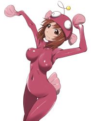 Rule 34 | 10s, 1girl, arms up, blush, bodysuit, breasts, brown hair, costume, covered erect nipples, girls und panzer, highres, looking at viewer, medium breasts, navel, nipples, nishizumi miho, short hair, simple background, solo, suesan, white background