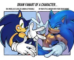 Rule 34 | 1boy, animal nose, blue fur, body fur, double v, draw fanart challenge, english text, f-sonic, furry, furry male, gloves, green eyes, grin, hedgehog, hedgehog ears, highres, looking at viewer, male focus, nipple piercing, official style, pectorals, piercing, smile, sonic (series), sonic the hedgehog, v, white gloves