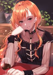 Rule 34 | 1girl, arisugawa natsuha, blurry, blurry background, blush, breasts, cup, drinking glass, earrings, flower pot, head rest, highres, idolmaster, idolmaster shiny colors, jewelry, kagari liroi, long hair, long sleeves, looking at viewer, open mouth, orange hair, see-through, sitting, small breasts, solo, upper body, wine glass