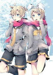 Rule 34 | 1boy, 1girl, black shorts, black skirt, blonde hair, blue eyes, bow, bowtie, brother and sister, day, grey jacket, hair ornament, hair ribbon, hand in pocket, jacket, kagamine len, kagamine rin, leg up, miniskirt, necktie, open mouth, outdoors, pleated skirt, red scarf, ribbon, scarf, shared clothes, shared scarf, shiny skin, shiomizu (swat), shirt, short hair, shorts, siblings, skirt, snowflakes, tree, twins, vocaloid, white ribbon, white shirt, yellow bow, yellow bowtie, yellow necktie