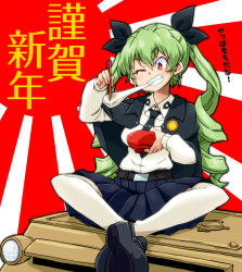 Rule 34 | 1girl, anchovy (girls und panzer), anzio school uniform, aono3, belt, black belt, black cape, black footwear, black necktie, black ribbon, black skirt, bowl, cape, carro veloce cv-33, chopsticks, commentary, dress shirt, drill hair, eating, food, girls und panzer, green hair, grin, hair ribbon, happy new year, holding, holding bowl, holding chopsticks, indian style, loafers, long hair, long sleeves, looking at viewer, military, military vehicle, miniskirt, mochi, motor vehicle, necktie, new year, on vehicle, one eye closed, pantyhose, partially translated, pleated skirt, red eyes, ribbon, rising sun flag, school uniform, shirt, shoes, sitting, skirt, smile, solo, sunburst, tank, translation request, twin drills, twintails, white pantyhose, white shirt