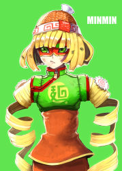 Rule 34 | 1girl, :/, @ @, arms (game), beanie, blonde hair, blunt bangs, breasts, character name, closed mouth, clothes writing, cowboy shot, crop top, facing viewer, food, green background, green eyes, green shirt, hat, highres, knit hat, lips, looking away, looking to the side, madarame, min min (arms), noodles, orange hat, outline, pink lips, shirt, short eyebrows, short hair, simple background, small breasts, solo, standing, thick eyebrows, tsurime, turtleneck, uneven eyes, white outline, zipper, zipper pull tab