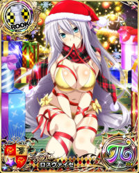 Rule 34 | 1girl, aqua eyes, bikini, blush, bound, bow, bow bikini, box, breasts, card (medium), character name, chess piece, christmas, christmas tree, cleavage, covered erect nipples, gift, gift box, gold bikini, hair ribbon, hat, high school dxd, high school dxd pi, large breasts, long hair, looking at viewer, mouth hold, navel, official art, ribbon, ribbon bondage, rook (chess), rossweisse, santa hat, scarf, silver hair, sitting, solo, swimsuit, trading card, very long hair