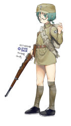 Rule 34 | 1girl, absurdres, ammunition belt, ammunition pouch, asymmetrical legwear, backpack, bag, belt, bike shorts, black footwear, bolt action, china, chinese army, closed mouth, full body, glasses, green eyes, green hair, green hat, gun, hat, highres, holding, holding gun, holding weapon, holster, holstered, long sleeves, looking at viewer, mauser 98, military, military hat, military uniform, original, ponytail, pouch, rifle, shoes, short hair, simple background, solo, uneven legwear, uniform, weapon, white background, zhongye yu