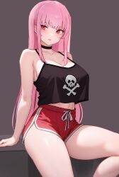 Rule 34 | 1girl, absurdres, alternate costume, black tank top, bluefield, blunt bangs, blush, breasts, cleavage, collarbone, commentary, crop top, crop top overhang, dolphin shorts, highres, hololive, hololive english, large breasts, long hair, looking at viewer, mori calliope, navel, pink eyes, pink hair, red eyes, red shorts, shorts, sidelocks, skull and crossbones, solo, tank top, thick thighs, thighs, virtual youtuber