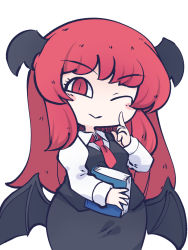 Rule 34 | 1girl, bat wings, black skirt, black vest, black wings, blouse, blush, book, chahan (fried rice0614), chibi, closed mouth, collared shirt, head wings, highres, holding, holding book, koakuma, long hair, long sleeves, necktie, one-hour drawing challenge, one eye closed, red eyes, red hair, red necktie, shirt, simple background, skirt, smile, solo, touhou, vest, white background, white shirt, wings
