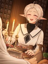 Rule 34 | 1boy, 1girl, bowl, candle, candlestand, closed eyes, danny nwn, dress, elf, food, highres, husband and wife, jug (bottle), mushoku tensei, open mouth, pointy ears, rudeus greyrat, short hair, sylphiette (mushoku tensei), table, white dress, white hair