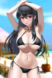 Rule 34 | 1girl, :p, armpits, arms up, beach, bikini, black bikini, black hair, blurry, blurry background, blush, breasts, choker, cleavage, commentary, commentary request, contrapposto, cowboy shot, day, depth of field, english commentary, eyebrows hidden by hair, hair between eyes, hair ornament, halterneck, highres, houriigurei, large breasts, long hair, looking at viewer, mixed-language commentary, navel, o-ring, outdoors, red eyes, side-tie bikini bottom, solo, spy x family, stomach, string bikini, swimsuit, tongue, tongue out, yor briar