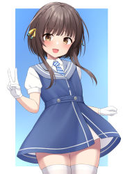 Rule 34 | 1girl, akahi242, blue dress, blue necktie, blush, border, braid, brown eyes, brown hair, collared shirt, cowboy shot, diagonal-striped clothes, diagonal-striped necktie, dress, gloves, highres, kantai collection, necktie, open mouth, shirt, short hair with long locks, short sleeves, sidelocks, simple background, smile, solo, striped clothes, thighhighs, ukuru (kancolle), white border, white gloves, white shirt, white thighhighs