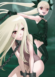 Rule 34 | 2girls, bdsm, belt, blonde hair, bondage, boots, bound, chain, collar, cuffs, dance in the vampire bund, flat chest, handcuffs, leotard, long hair, mina tepes, moon, multiple girls, red eyes, shackled, shackles, single thighhigh, slave, tamaki nozomu, thigh boots, thighhighs, twintails