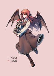 Rule 34 | 1girl, :o, ahoge, bat wings, black pantyhose, black skirt, black vest, book, book stack, bookmark, brown footwear, character name, collared shirt, commentary request, dress shirt, elosia, embodiment of scarlet devil, full body, head wings, highres, holding, holding book, koakuma, korean text, long hair, long sleeves, looking at viewer, necktie, pantyhose, pink background, red eyes, red hair, red necktie, shirt, simple background, skirt, skirt set, solo, touhou, vest, white shirt, wings