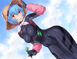 Rule 34 | 1girl, ayanami rei, black bodysuit, blue hair, blush, bodysuit, breasts, day, evangelion: 3.0+1.0 thrice upon a time, farming, hat, highres, looking at viewer, medium breasts, mogudan, neon genesis evangelion, open mouth, plugsuit, rebuild of evangelion, red eyes, shiny clothes, short hair, skin tight, solo, straw hat, thighs