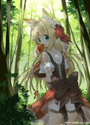 Rule 34 | 1girl, animal ears, apple, basket, blonde hair, blue eyes, carrying, cat ears, food, from behind, fruit, highres, holding, long hair, looking at viewer, looking back, nana kusun, open mouth, original, shade, solo, tree