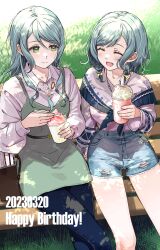 Rule 34 | 2girls, :d, ^ ^, bag, bang dream!, bench, blue pants, book, bow, braid, buttons, closed eyes, collarbone, cup, dated, denim, denim shorts, dress, english text, fingernails, frozen yogurt, green dress, green eyes, green hair, hair bow, handbag, happy birthday, highres, hikawa hina, hikawa sayo, holding, holding cup, holding spoon, jewelry, long hair, long sleeves, medium hair, multiple girls, multiple hair bows, necklace, open mouth, outdoors, pants, shorts, siblings, sitting, smile, spoon, sprinkles, sunlight, sweater under dress, swept bangs, thighs, torn clothes, torn shorts, twin braids, twins, wide sleeves, yellow bow, zihacheol