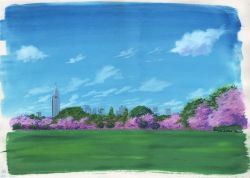 Rule 34 | blue sky, building, calligraphy brush (medium), cherry blossoms, city, cloud, commentary, day, field, grass, no humans, outdoors, sawitou mizuki, scenery, sky, skyscraper, tower, traditional media, tree