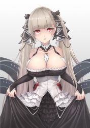 Rule 34 | 1girl, azur lane, bare shoulders, blunt bangs, breasts, choker, cleavage, clothes lift, collarbone, commentary, detached sleeves, eyes visible through hair, flight deck, formidable (azur lane), hair ribbon, highres, large breasts, lifted by self, long hair, looking at viewer, maid, parted lips, red eyes, ribbon, sidelocks, silver hair, simple background, skirt, skirt lift, solo, standing, yuki7128