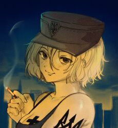 Rule 34 | 1girl, arm tattoo, blonde hair, breast tattoo, breasts, cigarette, cityscape, cleavage, green sports bra, hat, holding, holding cigarette, large breasts, looking at viewer, marichka, military hat, original, russo-ukrainian war, short hair, smoke, sports bra, tattoo, tryzub, usergore