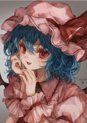 Rule 34 | 1girl, bad id, bad twitter id, blue hair, collared shirt, commentary, dated, fang, frilled shirt collar, frills, grey background, hat, hat ribbon, highres, looking at viewer, medium hair, mob cap, nail polish, ofgwr, open mouth, own hands together, pink hat, pink shirt, red eyes, red nails, red ribbon, remilia scarlet, ribbon, shirt, short sleeves, signature, smile, solo, touhou, upper body, wavy hair, wings, wrist cuffs
