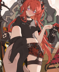 Rule 34 | !?, 1girl, absurdres, arknights, belt, black belt, black choker, black gloves, black legwear, black shirt, blush, chinese commentary, choker, collarbone, commentary request, crop top, cross, cross necklace, crown, gloves, hand up, highres, holding, holding shoes, horns, jewelry, long hair, looking at viewer, midriff, mini crown, miniskirt, necklace, no navel, nose blush, official alternate costume, one side up, parted lips, pencil skirt, pov, purple eyes, red hair, red skirt, shirt, shoes, unworn shoes, short sleeves, single glove, skirt, solo focus, standing, surtr (arknights), surtr (liberte echec) (arknights), sword, thigh strap, very long hair, weapon, xssh