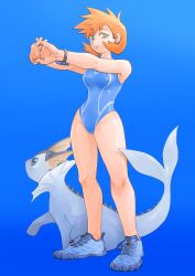 Rule 34 | 1girl, absurdres, bare arms, blue one-piece swimsuit, breasts, competition swimsuit, cowboy shot, creatures (company), female focus, game freak, gen 1 pokemon, gen 2 pokemon, green eyes, hair between eyes, highres, legs, medium breasts, misty (pokemon), nintendo, one-piece swimsuit, orange hair, pokemon, pokemon gsc, short hair, solo, standing, swimsuit, thighs, vaporeon
