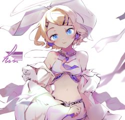 Rule 34 | 1girl, absurdres, bad id, bad twitter id, bare shoulders, blonde hair, bow, character name, crop top, detached sleeves, hair bow, hair ornament, hairclip, highres, kagamine rin, large bow, light smile, looking at viewer, midriff, miniskirt, navel, open mouth, oyamada gamata, short hair, skirt, solo, swept bangs, upper body, vocaloid, white background, white bow, wide sleeves