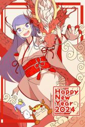 Rule 34 | 1girl, chinese zodiac, claws, dated, dragon, dragon horns, dutch angle, eastern dragon, fake horns, glasses, happy new year, highres, horns, japanese clothes, kimono, long hair, looking at viewer, new year, obi, ohayougirl, open mouth, original, purple hair, rectangular eyewear, red sash, sash, sharp teeth, standing, teeth, upper teeth only, white kimono, whorled clouds, wide sleeves, year of the dragon