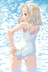 Rule 34 | 1girl, adjusting clothes, adjusting swimsuit, ass, blonde hair, blush, dated, dd (ijigendd), from behind, hairband, head tilt, highres, i-504 (kancolle), kantai collection, looking at viewer, luigi torelli (kancolle), one-piece swimsuit, short hair, signature, smile, solo, swimsuit, wading, water, white hairband, white one-piece swimsuit, yellow eyes