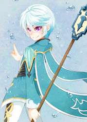 Rule 34 | 10s, 1boy, blush, cape, mikleo (tales), multicolored hair, pants, purple eyes, short hair, silver hair, smile, staff, tales of (series), tales of zestiria, water, weapon
