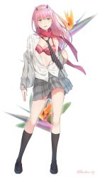 Rule 34 | 10s, 1girl, bird of paradise flower, black footwear, black necktie, black socks, blue eyes, bra, commentary request, contrapposto, darling in the franxx, diagonal-striped clothes, diagonal-striped necktie, flower, full body, grey jacket, grey skirt, hairband, highres, horns, jacket, kanden sky, loafers, long hair, looking at viewer, necktie, open clothes, open shirt, parted lips, pink hair, red bra, red scarf, scarf, shirt, shoes, skirt, smile, socks, solo, standing, striped clothes, striped necktie, twitter username, underwear, undressing, white shirt, zero two (darling in the franxx)