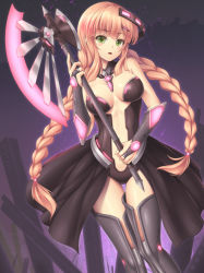 Rule 34 | 1girl, axe, blonde hair, braid, breasts, bridal gauntlets, center opening, detached collar, energy weapon, glowing, green eyes, long hair, mecha musume, open mouth, original, sasaame, skirt, solo, thigh gap, thighhighs, twin braids, very long hair, weapon