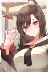 Rule 34 | 1girl, absurdres, animal ear fluff, animal ears, blush, border, breasts, brown brooch, brown hair, closed mouth, commentary, dress, fang, frilled sleeves, frills, hair between eyes, highres, holding, imaizumi kagerou, indoors, large breasts, long hair, long sleeves, looking at viewer, medium bangs, mimikaki, pollux368, skin fang, smile, solo, touhou, upper body, white border, white dress, wolf ears, wolf girl