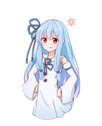 Rule 34 | 1girl, aho whale, anger vein, blue dress, blue hair, blue sleeves, collar, cropped torso, detached sleeves, dress, hair ribbon, hands on own hips, highres, japanese clothes, kotonoha aoi, long hair, looking at viewer, open mouth, pink eyes, ribbon, sailor collar, sleeveless, sleeveless dress, solo, upper body, v-shaped eyebrows, voiceroid, white background, white collar