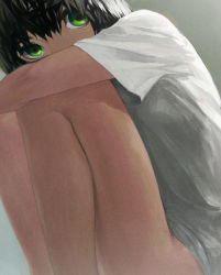 Rule 34 | 1girl, amo (silent bomb19), bad id, bad pixiv id, bare legs, black hair, covered mouth, from side, green eyes, grey background, hair between eyes, highres, hugging own legs, looking at viewer, original, shirt, short hair, short sleeves, sitting, solo, white shirt