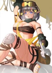 Rule 34 | 1girl, arknights, eunectes (arknights), female focus, flower, flower on head, goggles, goggles on head, knee pads, nail polish, pointy ears, snake girl, snake tail, solo, tail, thighs, wrench