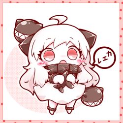 Rule 34 | 10s, 1girl, abyssal ship, ahoge, chibi, colored skin, dress, horns, kantai collection, mittens, northern ocean princess, open mouth, red eyes, ritateo, solo, white dress, white hair, white mittens, white skin