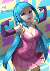 Rule 34 | 1girl, :d, absurdres, artist name, blue hair, blunt bangs, blurry, blurry background, breasts, cleavage, collarbone, commentary, dress, elbow gloves, english commentary, gloves, hands up, highres, long hair, looking at viewer, me!me!me!, medium breasts, meme (me!me!me!), open mouth, pink dress, pointing, pointing at self, purple eyes, purple gloves, sasoura, smile, solo, teeth, very long hair