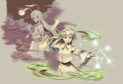 Rule 34 | 2girls, arms up, bare shoulders, belt, breasts, closed mouth, cloud, cloudy sky, collar, collared shirt, detached sleeves, frog hair ornament, gohei, green eyes, grey background, grey belt, grey hair, grey skirt, hair ornament, hair tubes, hand up, hands up, highres, kochiya sanae, legacy of lunatic kingdom, light, long hair, long sleeves, looking to the side, luwanling, magic, medium breasts, moon, multiple girls, necktie, night, night sky, pointing, puffy short sleeves, puffy sleeves, red eyes, reisen udongein inaba, shadow, shirt, short sleeves, skirt, sky, smile, snake hair ornament, star (symbol), touhou, white hair, white neckwear, white shirt, white skirt, wide sleeves