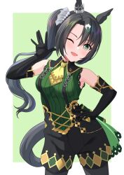Rule 34 | 1girl, animal ears, armpits, black hair, blush, breasts, commentary request, detached sleeves, elbow gloves, gloves, green eyes, hair between eyes, hair ornament, highres, horse ears, horse girl, looking at viewer, medium breasts, one eye closed, open mouth, pantyhose, philo 324, satono crown (umamusume), shorts, side ponytail, solo, umamusume