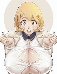 Rule 34 | 10s, 1girl, aurahack, breasts, brown hair, bursting breasts, cleavage, huge breasts, looking at viewer, narusawa ryouka, occultic;nine, popped button, solo, straining buttons, upper body
