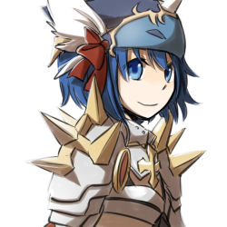 Rule 34 | 1girl, armor, bikini armor, blue eyes, blue hair, bow, closed mouth, commentary request, hair bow, helmet, looking at viewer, looking to the side, natsuya (kuttuki), pauldrons, ragnarok online, red bow, rune knight (ragnarok online), short hair, shoulder armor, simple background, smile, solo, spiked pauldrons, upper body, white background, winged helmet