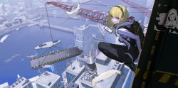 Rule 34 | 1girl, against wall, animification, backpack, bag, bird, blonde hair, bodysuit, bridge, building, cellphone, city, crane (machine), dove, feathers, gwen stacy, hairband, highres, hood, hood down, hooded bodysuit, looking at viewer, marvel, phone, river, smartphone, smile, solo, spider-gwen, spider-man (miles morales), spider-man (series), spider web print, superhero costume, vafar7