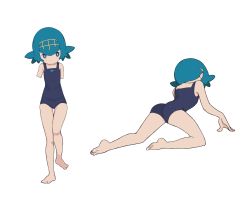 Rule 34 | 1girl, :&lt;, all fours, ass, bare arms, bare legs, barefoot, black one-piece swimsuit, blue eyes, blue hair, bright pupils, child, closed mouth, commentary request, crawling, creatures (company), freckles, frown, game freak, hairband, highres, knees, lana (pokemon), looking down, multiple views, nintendo, one-piece swimsuit, pokemon, pokemon sm, simple background, squid neetommy, standing, swimsuit, toes, trial captain, wedgie, white background, white pupils, yellow hairband