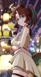 Rule 34 | 1girl, absurdres, animal ears, blue eyes, blue hair, blue nails, blurry, blurry background, blush, brown hair, brown headwear, brown shirt, brown skirt, chokin tsucho, closed mouth, cowboy shot, cup, depth of field, drinking glass, from side, hair between eyes, highres, holding, holding cup, holding tray, horse ears, horse girl, horse tail, looking at viewer, looking to the side, mejiro palmer (umamusume), mejiro palmer (warm-hearted reindeer) (umamusume), multicolored hair, multicolored nails, nail polish, official alternate costume, parted bangs, pleated skirt, revision, shirt, skirt, smile, solo, streaked hair, tail, tilted headwear, tray, umamusume, white hair