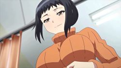 Rule 34 | 1girl, animated, animated gif, black hair, bouncing breasts, breasts, brown eyes, clothes lift, curtains, female focus, flashing, hanako-san, indoors, large breasts, nipples, no bra, aged up, shirt lift, solo, sweater, toshi densetsu series, turtleneck, upper body