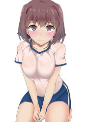 Rule 34 | 1girl, blue shorts, blush, brown eyes, brown hair, closed mouth, commentary, covered navel, frown, girls und panzer, gym shirt, gym shorts, gym uniform, headband, highres, kneeling, kondou taeko, kuku123, looking at viewer, medium hair, no bra, open mouth, red headband, see-through, shirt, short shorts, short sleeves, shorts, single vertical stripe, solo, t-shirt, v arms, wavy mouth, wet, wet clothes, wet shirt, white shirt